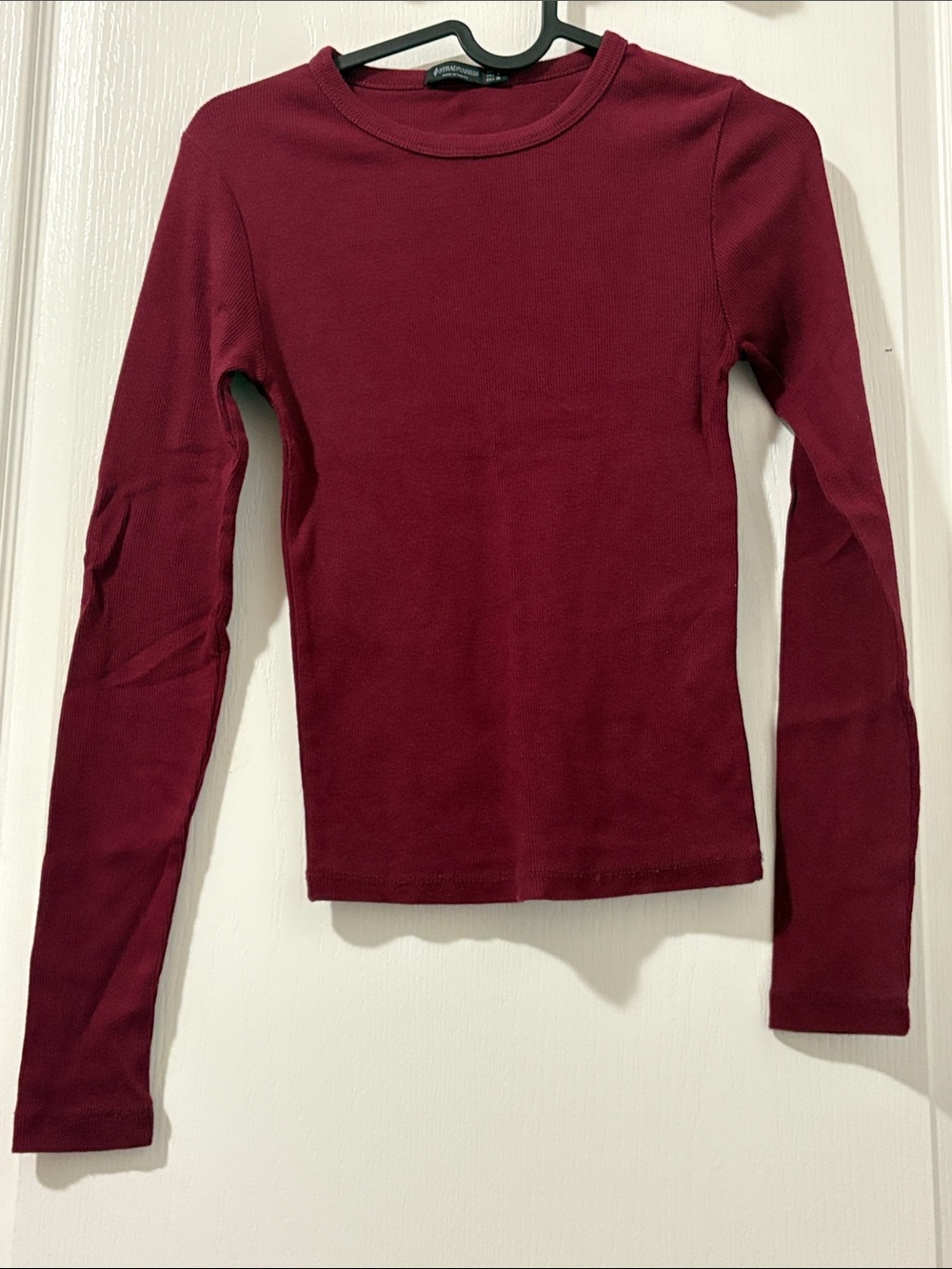 Stradivarius Ribbed Crewneck Top in Deep Red